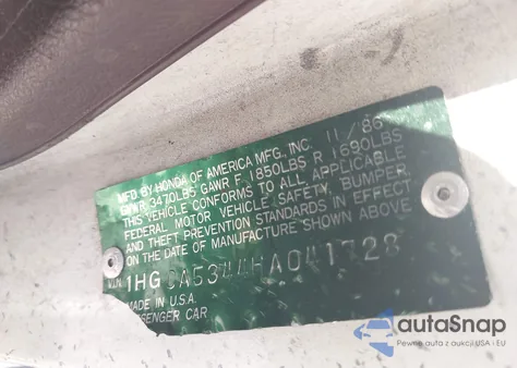 1987 Honda Accord Lxi из США, поврежденный, VIN 1HGCA5344HA041728